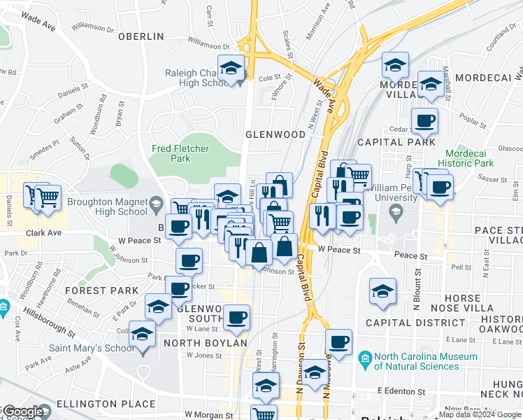 map of restaurants, bars, coffee shops, grocery stores, and more near 500 Devereux Street in Raleigh