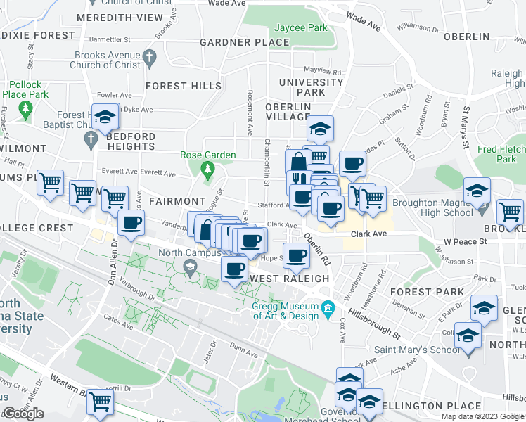map of restaurants, bars, coffee shops, grocery stores, and more near 305 Chamberlain Street in Raleigh