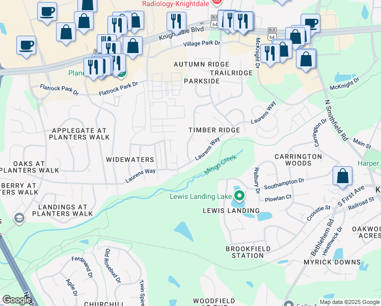 map of restaurants, bars, coffee shops, grocery stores, and more near 417 Mingocrest Drive in Knightdale