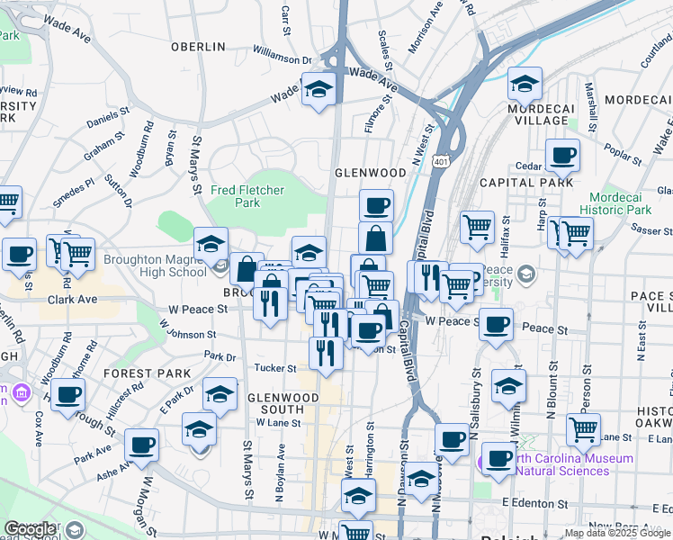 map of restaurants, bars, coffee shops, grocery stores, and more near 510 Devereux Street in Raleigh