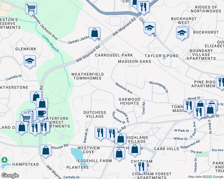 map of restaurants, bars, coffee shops, grocery stores, and more near 318 Howland Avenue in Cary