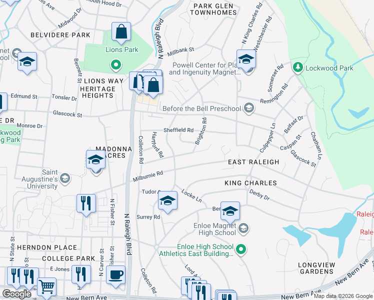map of restaurants, bars, coffee shops, grocery stores, and more near 705 Brighton Road in Raleigh