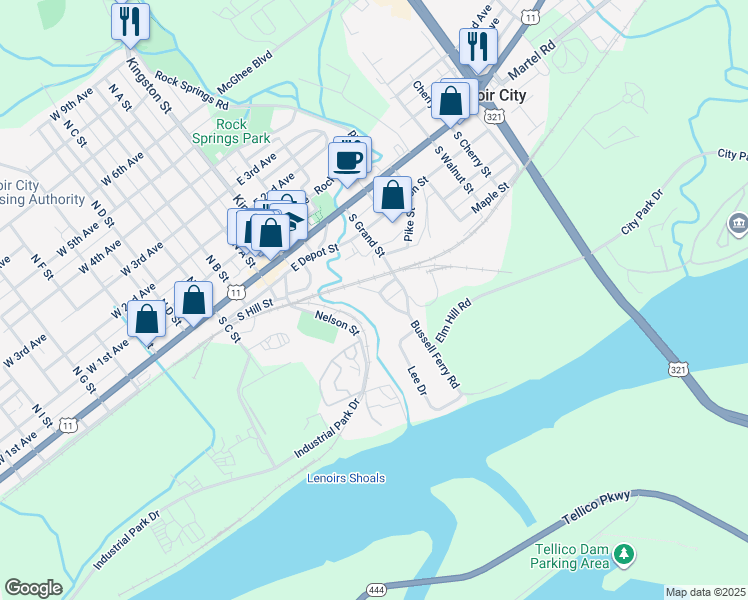 map of restaurants, bars, coffee shops, grocery stores, and more near 314 Poplar Street in Lenoir City