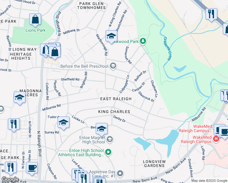 map of restaurants, bars, coffee shops, grocery stores, and more near 2412 Boswell Road in Raleigh
