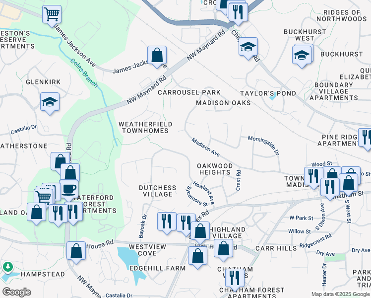 map of restaurants, bars, coffee shops, grocery stores, and more near 318 Howland Avenue in Cary