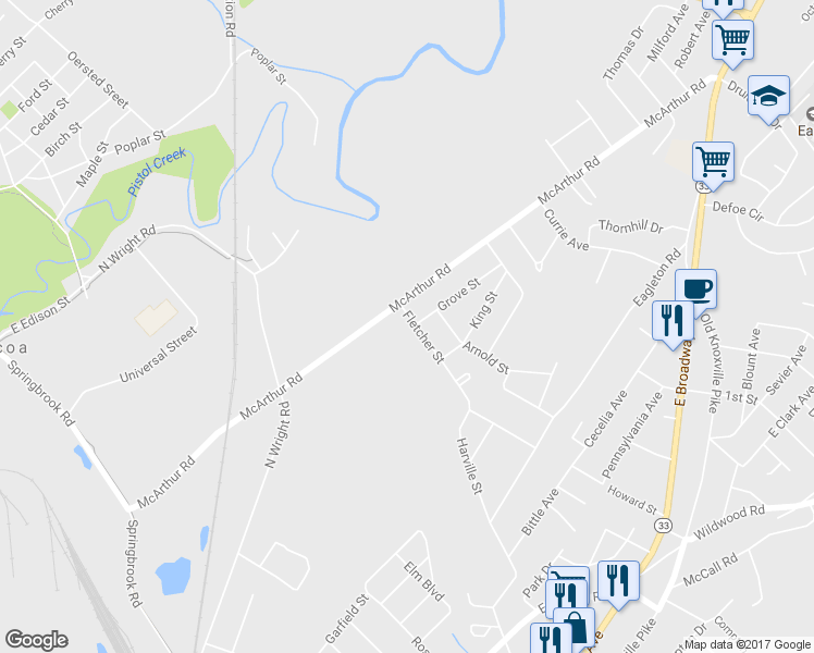 map of restaurants, bars, coffee shops, grocery stores, and more near 545 Fletcher Street in Maryville