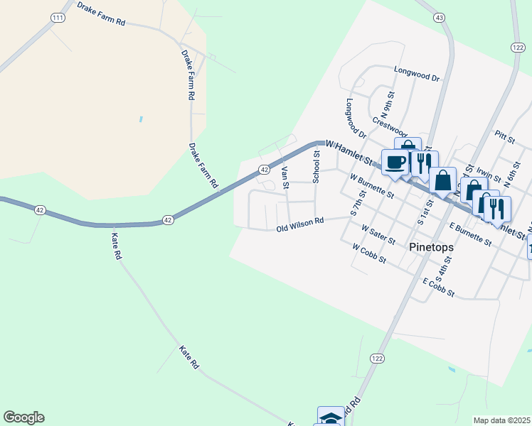 map of restaurants, bars, coffee shops, grocery stores, and more near 12-79 Wilshire Drive in Pinetops