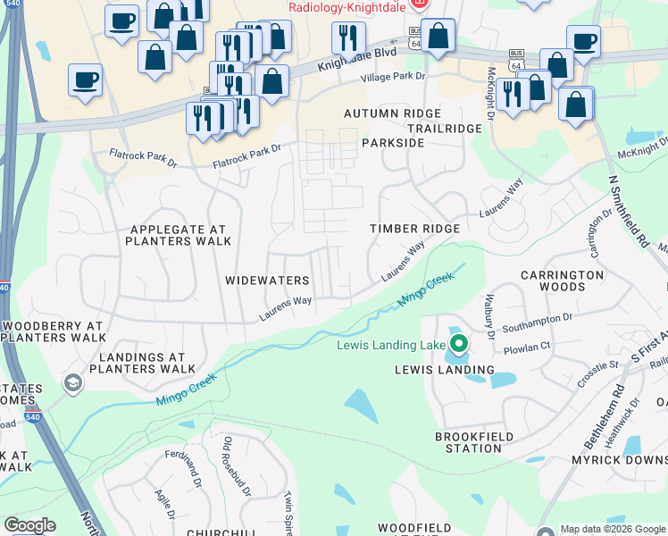 map of restaurants, bars, coffee shops, grocery stores, and more near 500 Stern Wheel Way in Knightdale