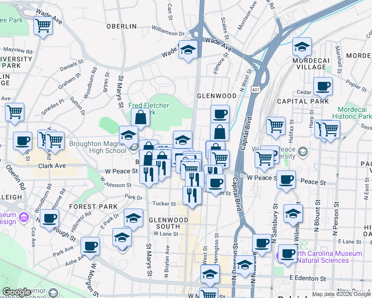 map of restaurants, bars, coffee shops, grocery stores, and more near 620 Devereux Street in Raleigh