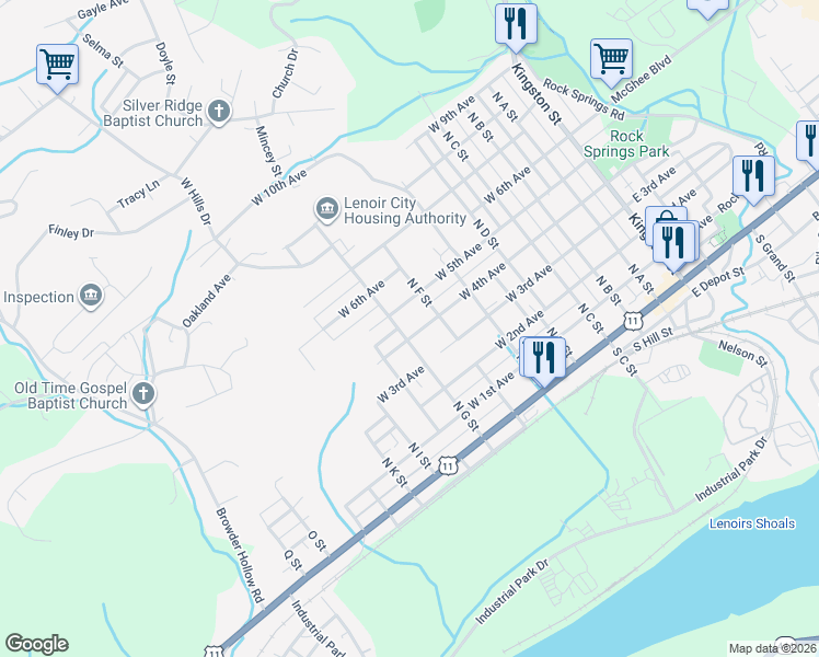 map of restaurants, bars, coffee shops, grocery stores, and more near 500 North G Street in Lenoir City