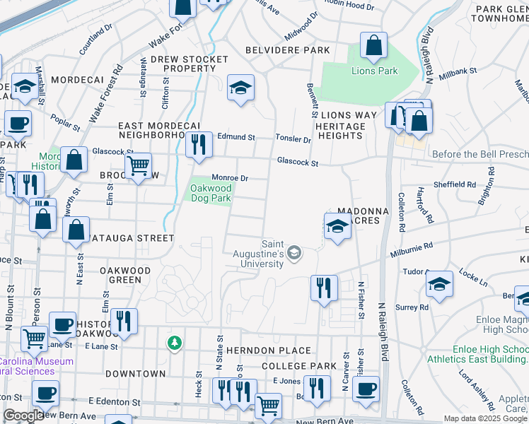 map of restaurants, bars, coffee shops, grocery stores, and more near 717 Hamilton Road in Raleigh