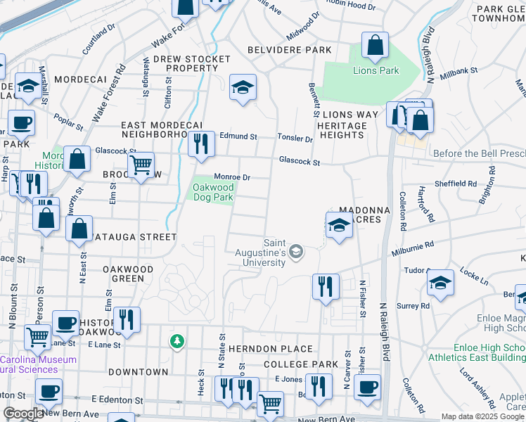 map of restaurants, bars, coffee shops, grocery stores, and more near 717 Hamilton Road in Raleigh