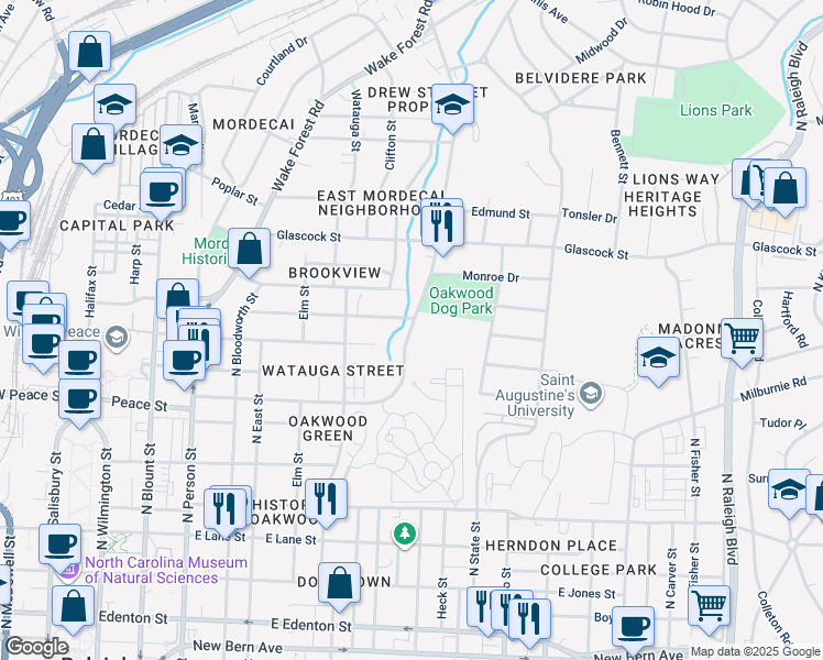 map of restaurants, bars, coffee shops, grocery stores, and more near 835 Brookside Drive in Raleigh