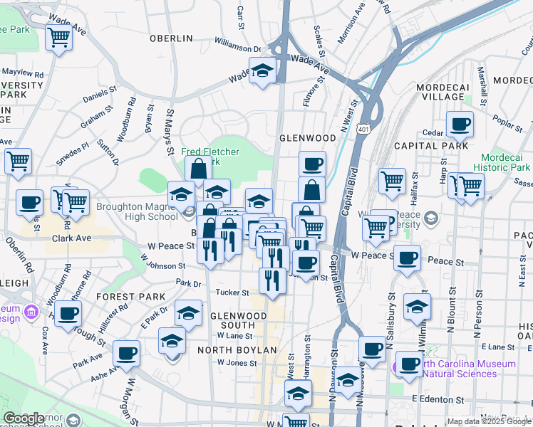 map of restaurants, bars, coffee shops, grocery stores, and more near 620 Devereux Street in Raleigh