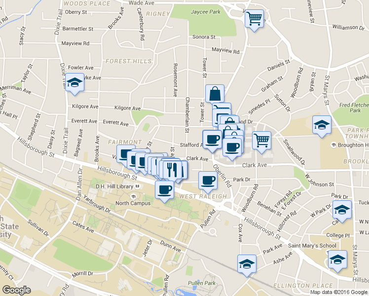 map of restaurants, bars, coffee shops, grocery stores, and more near 308 Horne Street in Raleigh
