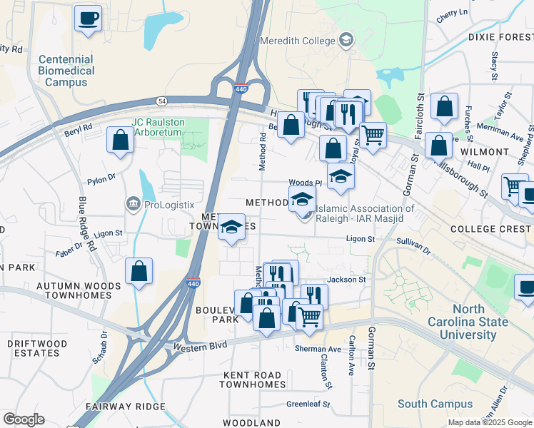 map of restaurants, bars, coffee shops, grocery stores, and more near 3030 Careway Place in Raleigh