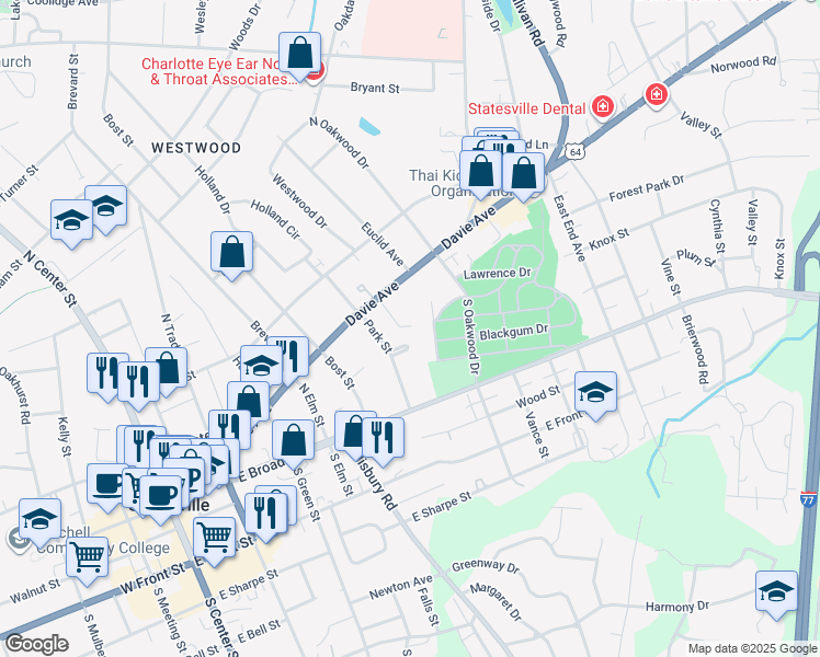 map of restaurants, bars, coffee shops, grocery stores, and more near 152 Park Terrace in Statesville