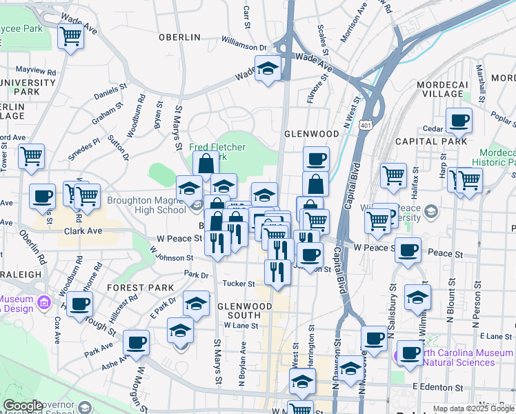 map of restaurants, bars, coffee shops, grocery stores, and more near 620 Devereux Street in Raleigh