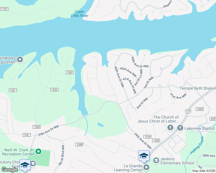 map of restaurants, bars, coffee shops, grocery stores, and more near 4025 4th Street Court Northwest in Hickory