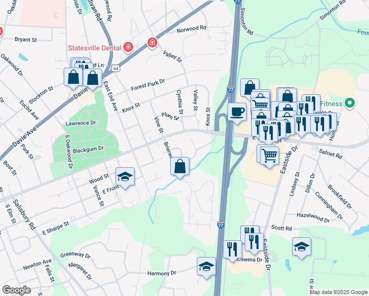 map of restaurants, bars, coffee shops, grocery stores, and more near 1209 Valley Stream Road in Statesville