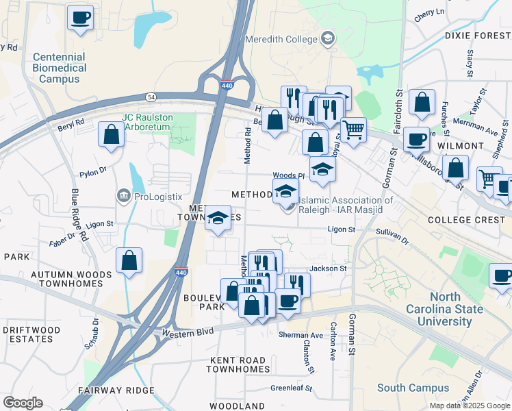 map of restaurants, bars, coffee shops, grocery stores, and more near 3030 Careway Place in Raleigh