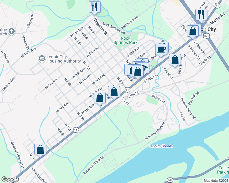 map of restaurants, bars, coffee shops, grocery stores, and more near 300 West 1st Avenue in Lenoir City