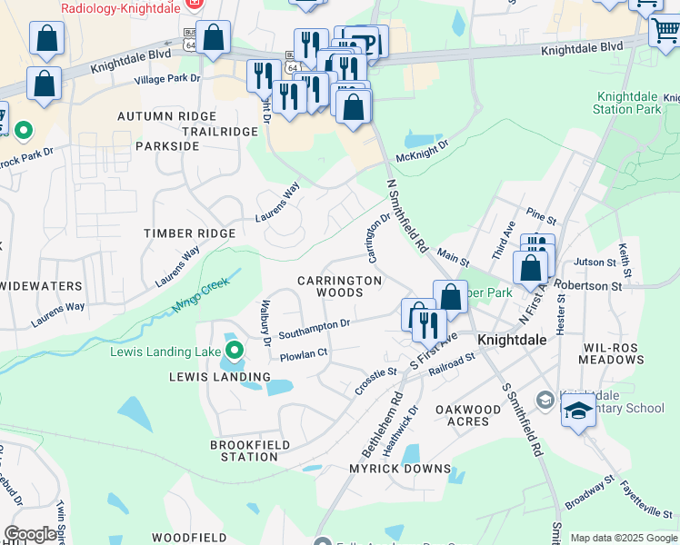 map of restaurants, bars, coffee shops, grocery stores, and more near 104 Leighton Place in Knightdale