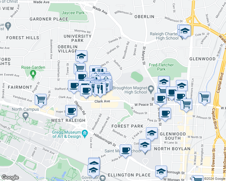 map of restaurants, bars, coffee shops, grocery stores, and more near 1815 Bellwood Drive in Raleigh