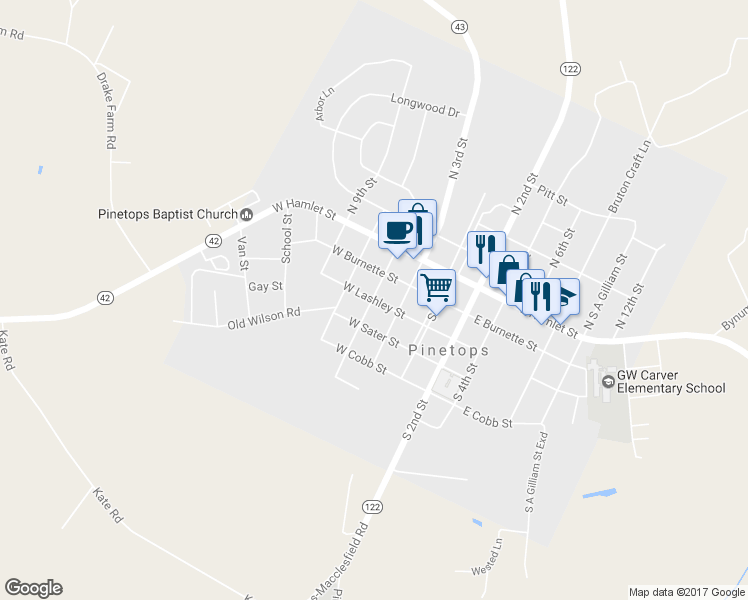 map of restaurants, bars, coffee shops, grocery stores, and more near 298 West Lashley Street in Pinetops