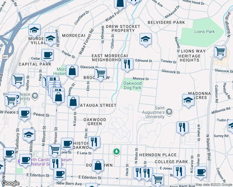 map of restaurants, bars, coffee shops, grocery stores, and more near 835 Brookside Drive in Raleigh