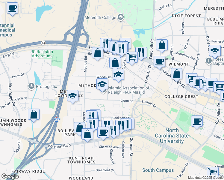 map of restaurants, bars, coffee shops, grocery stores, and more near 2924 Okelly Street in Raleigh