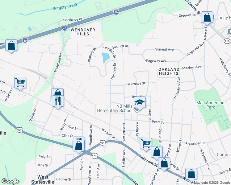 map of restaurants, bars, coffee shops, grocery stores, and more near 1539 Reid Street in Statesville
