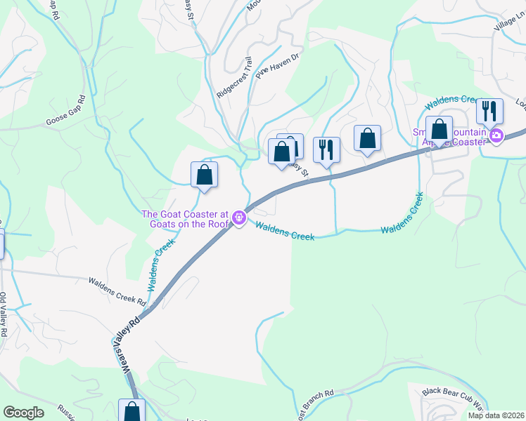 map of restaurants, bars, coffee shops, grocery stores, and more near 1327 Wears Valley Road in Pigeon Forge