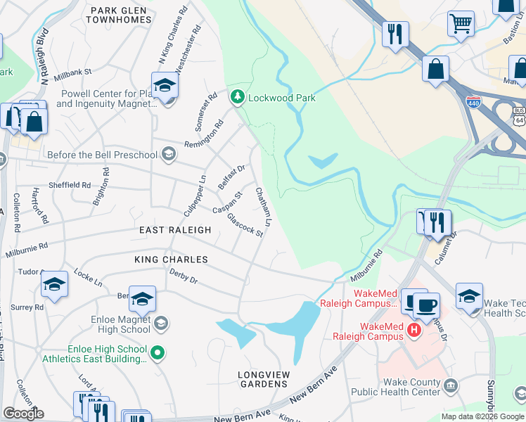 map of restaurants, bars, coffee shops, grocery stores, and more near 2805 Belgreen Court in Raleigh