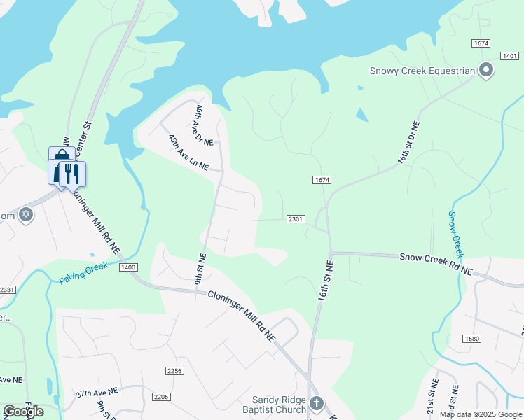 map of restaurants, bars, coffee shops, grocery stores, and more near 957 44th Avenue Court Northeast in Hickory
