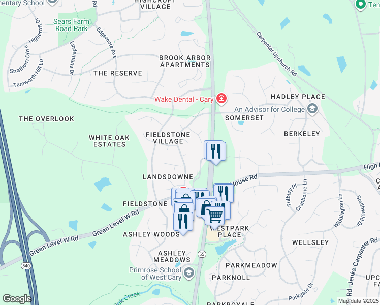 map of restaurants, bars, coffee shops, grocery stores, and more near 100 Paper Chase Court in Cary