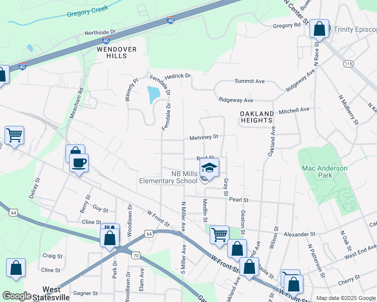 map of restaurants, bars, coffee shops, grocery stores, and more near 525 North Miller Avenue in Statesville