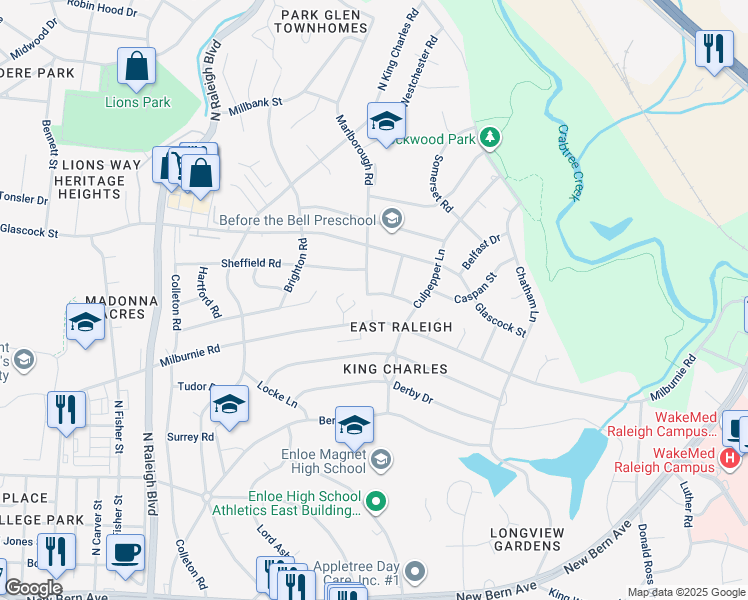 map of restaurants, bars, coffee shops, grocery stores, and more near 2402 Boswell Road in Raleigh