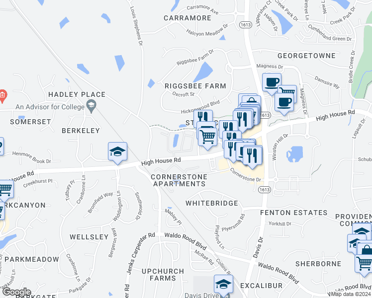 map of restaurants, bars, coffee shops, grocery stores, and more near 307 Sunstone Drive in Cary