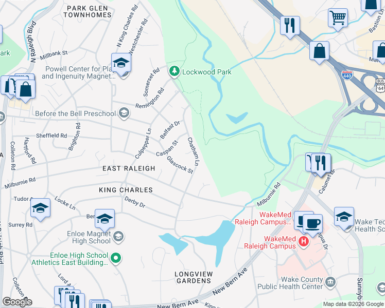map of restaurants, bars, coffee shops, grocery stores, and more near 2805 Belgreen Court in Raleigh