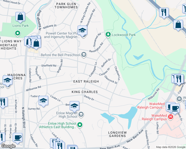 map of restaurants, bars, coffee shops, grocery stores, and more near 902 Culpepper Lane in Raleigh