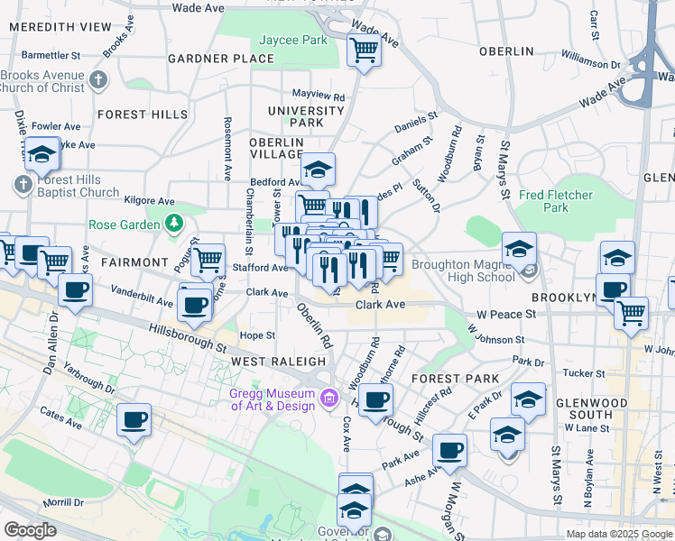 map of restaurants, bars, coffee shops, grocery stores, and more near 2105 Cameron Street in Raleigh