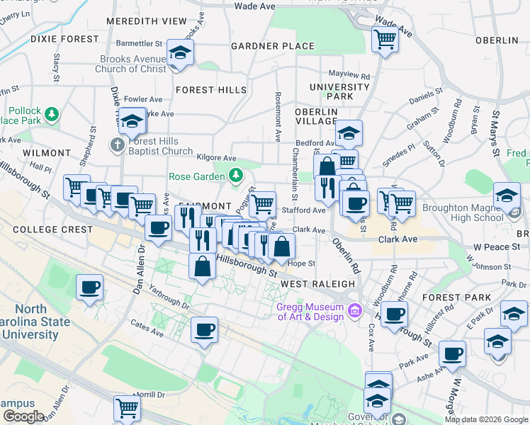 map of restaurants, bars, coffee shops, grocery stores, and more near 2510 Clark Avenue in Raleigh