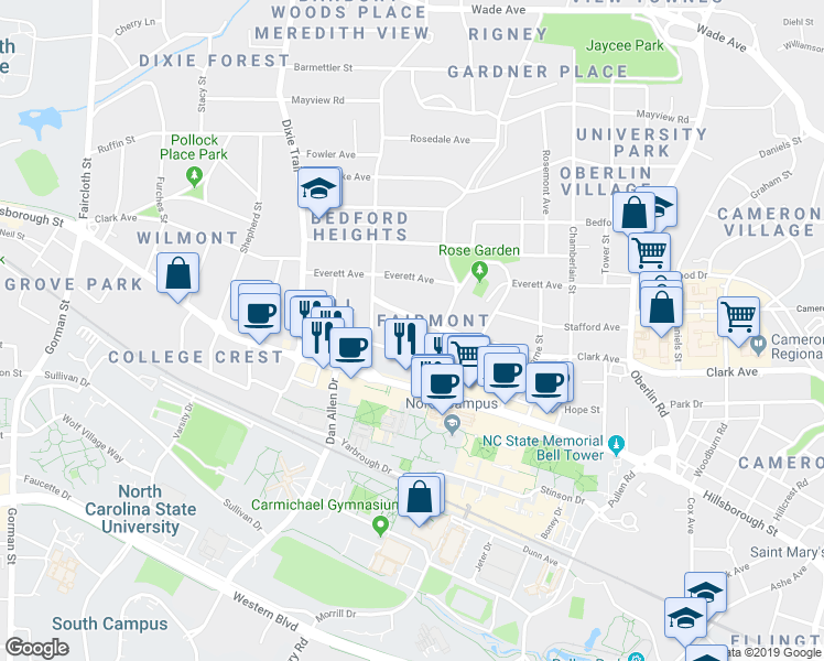 map of restaurants, bars, coffee shops, grocery stores, and more near 2714 Vanderbilt Avenue in Raleigh