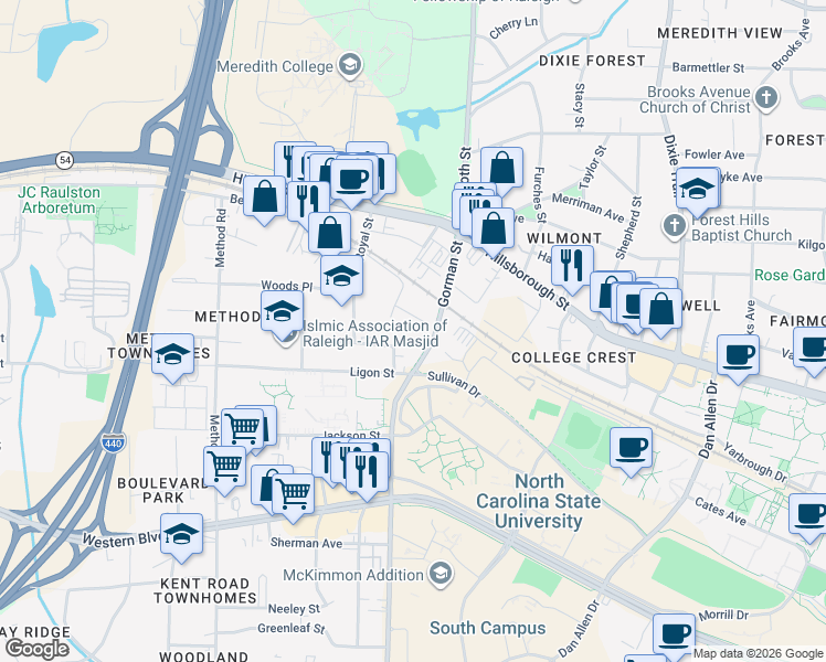 map of restaurants, bars, coffee shops, grocery stores, and more near 2600 Ligon Street in Raleigh