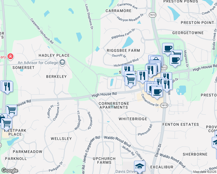 map of restaurants, bars, coffee shops, grocery stores, and more near in Cary