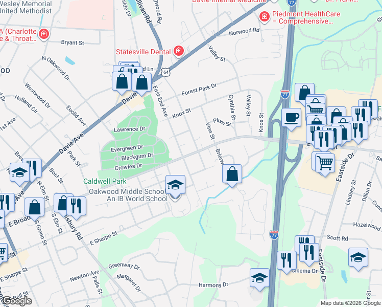 map of restaurants, bars, coffee shops, grocery stores, and more near 1111 East Broad Street in Statesville