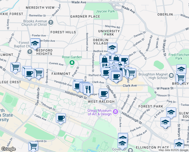 map of restaurants, bars, coffee shops, grocery stores, and more near 312 Chamberlain Street in Raleigh