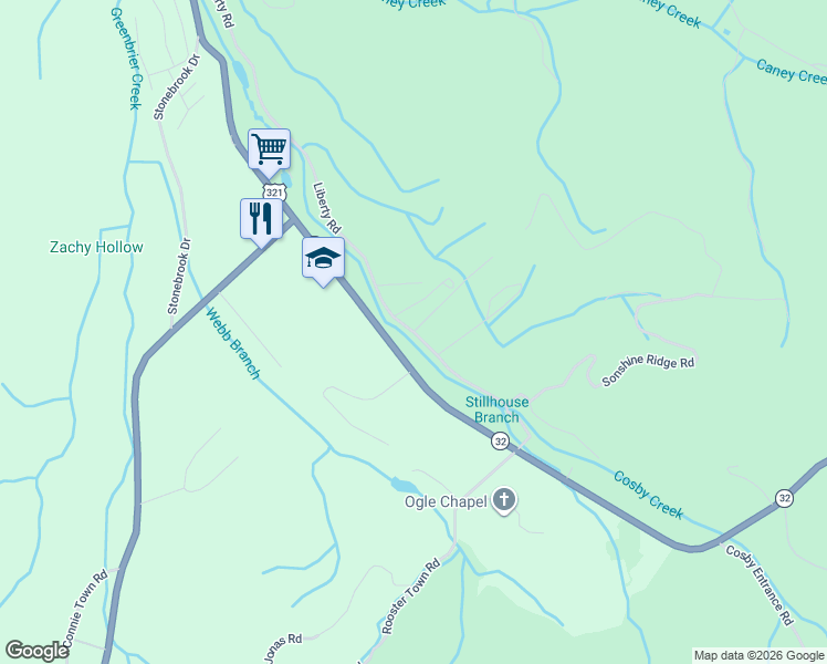 map of restaurants, bars, coffee shops, grocery stores, and more near 4526 Liberty Road in Cosby