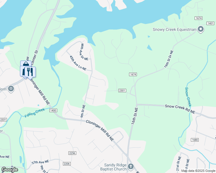 map of restaurants, bars, coffee shops, grocery stores, and more near 957 44th Avenue Court Northeast in Hickory